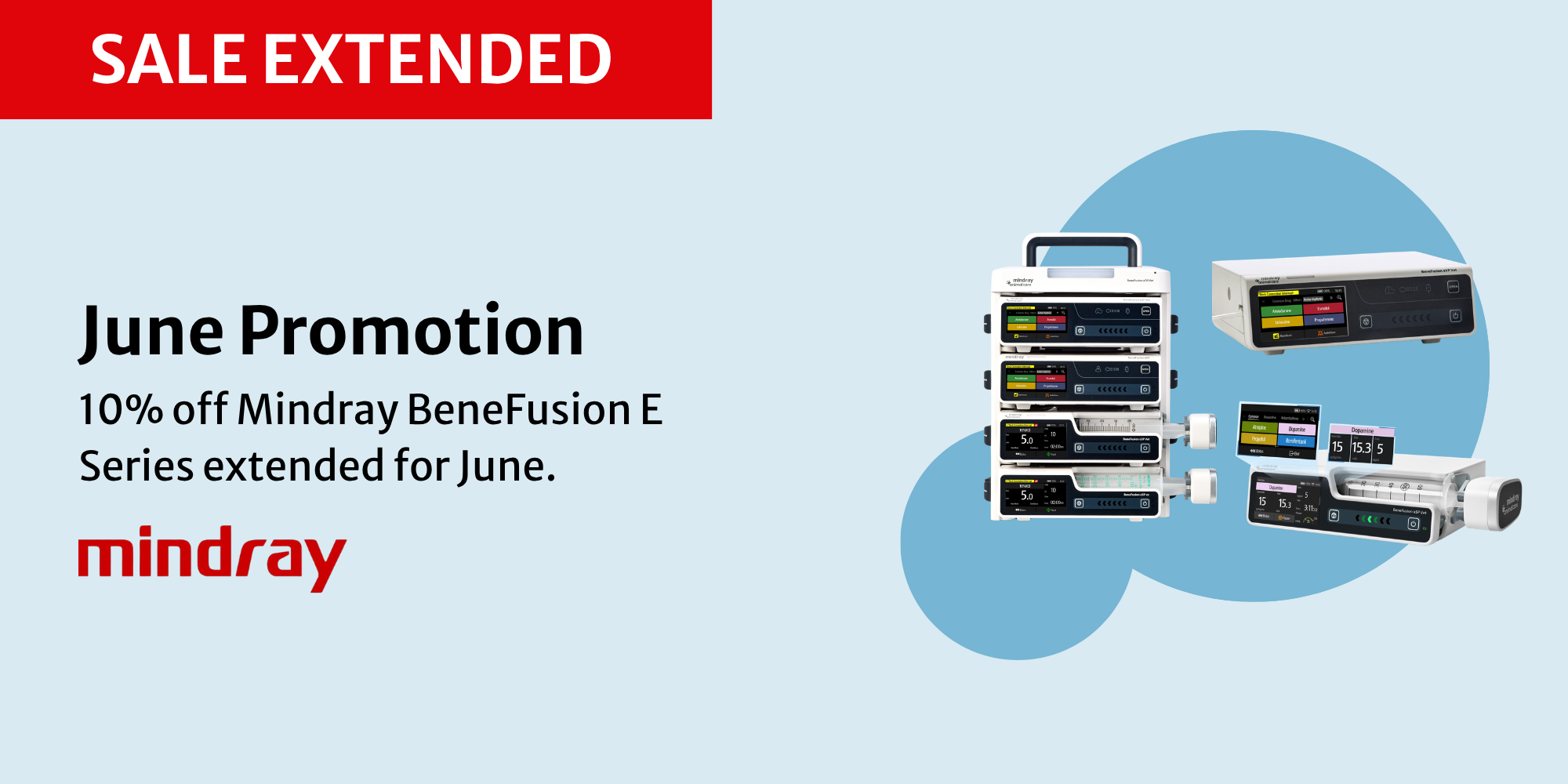Sale extended banner red strip with sale extended and large june promotion text advertising 10 off mindray benefusion e series with device images on the right