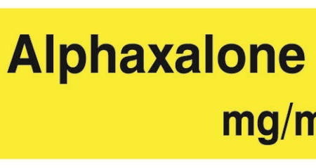 Yellow rounded label displaying the medicine name 'Alphaxalone' and 'mg/ml'.