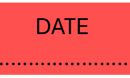 Red rounded date input field with the placeholder text 'DATE' and a dotted underline indicating input area.