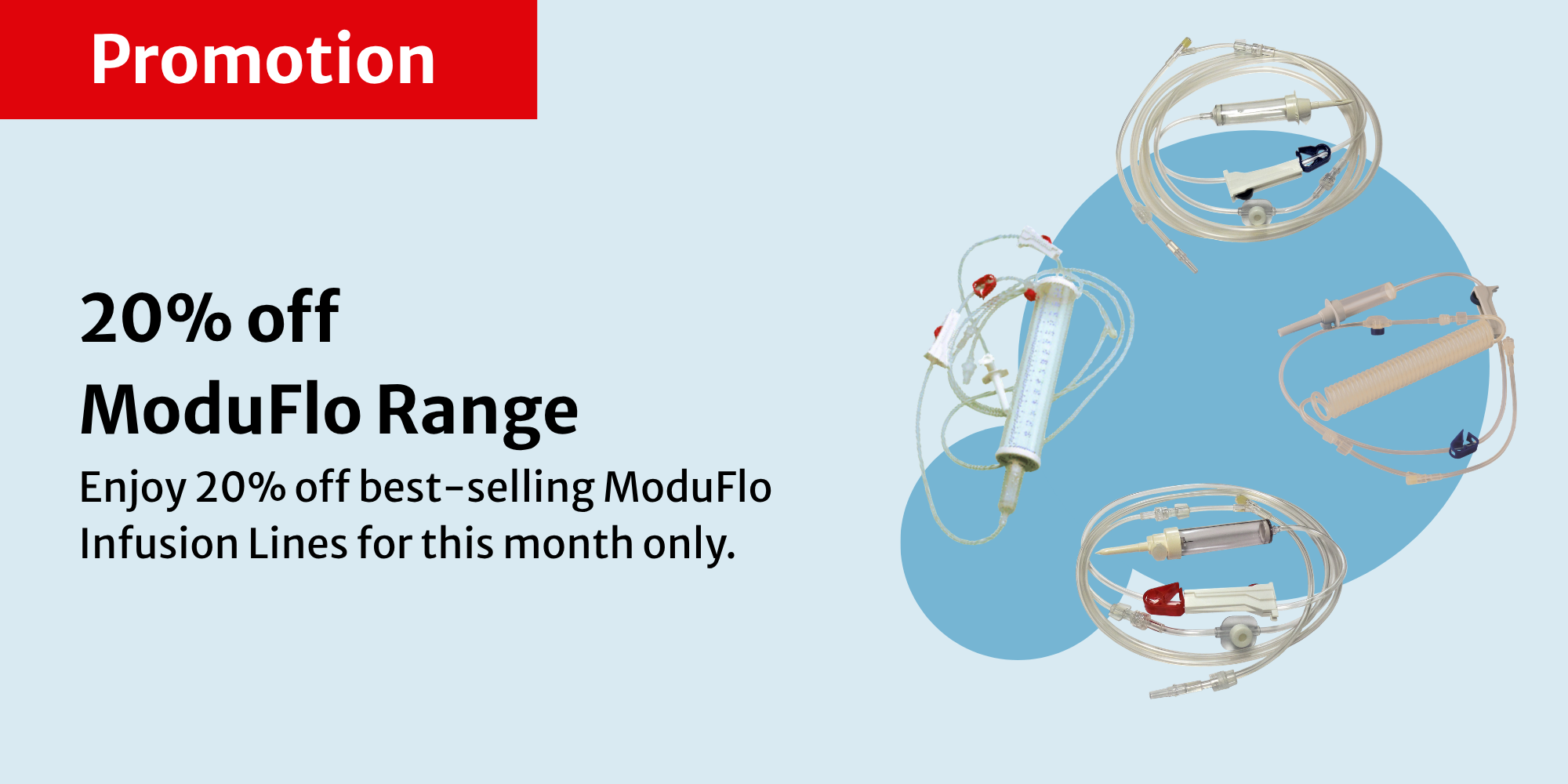 Promotion banner 20 off the modulflo infusion line range with images of infusion tubing on the right and bold text on the left